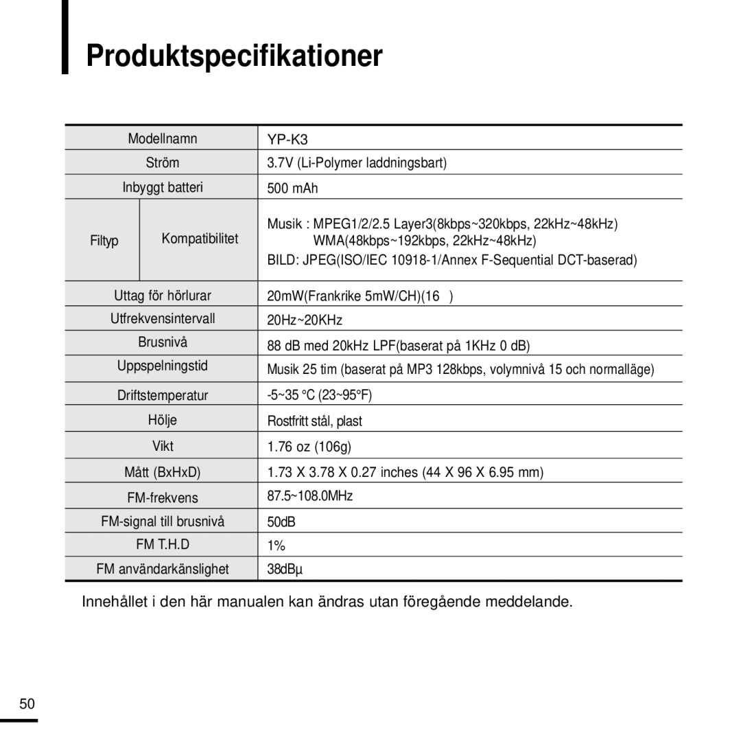 Samsung YP-K3JQG/XEE, YP-K3JQR/XEE, YP-K3JQB/XEE, YP-K3JAB/XEE, YP-K3JZB/XEE manual Produktspecifikationer 