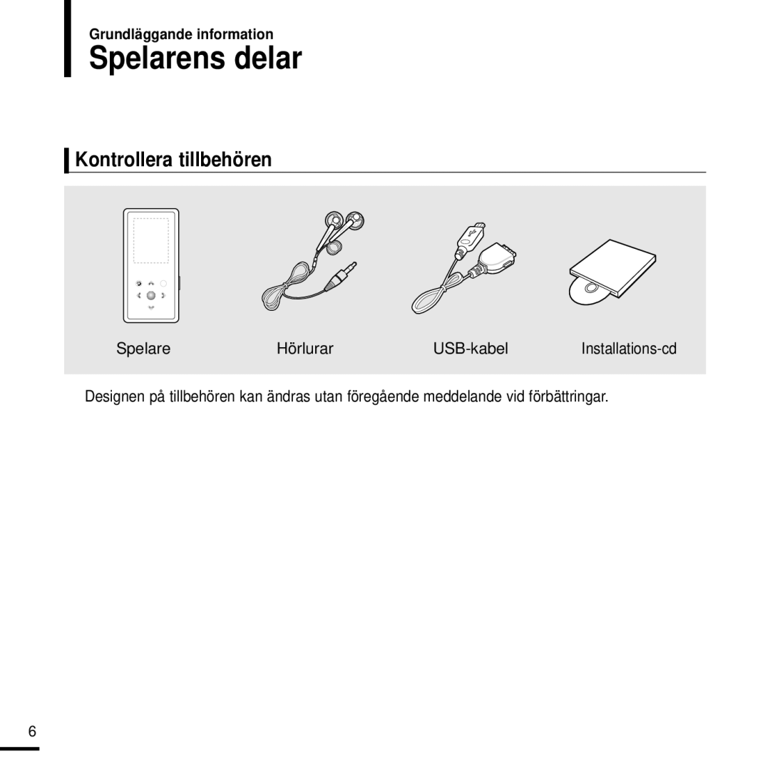 Samsung YP-K3JQR/XEE, YP-K3JQG/XEE, YP-K3JQB/XEE manual Spelarens delar, Kontrollera tillbehören, Grundläggande information 