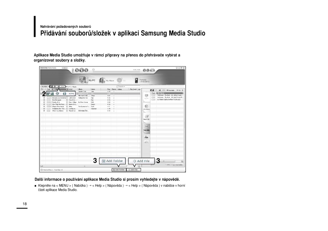 Samsung YP-K3JQG/XEO, YP-K3JZB/XEO, YP-K3JAB/XEO, YP-K3JQB/XEO manual Pﬁidávání souborÛ/sloÏek v aplikaci Samsung Media Studio 