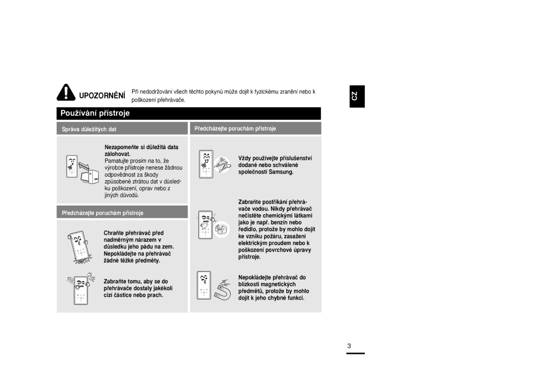 Samsung YP-K3JAB/XEH, YP-K3JZB/XEO, YP-K3JAB/XEO, YP-K3JQB/XEO manual UPOZORNùNÍ, NezapomeÀte si dÛleÏitá data zálohovat 