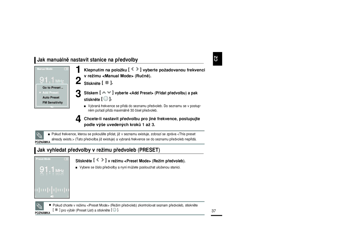 Samsung YP-K3JQB/XEO manual Jak manuálnû nastavit stanice na pﬁedvolby, Jak vyhledat pﬁedvolby v reÏimu pﬁedvoleb Preset 