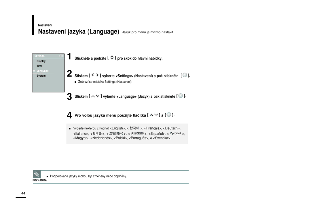 Samsung YP-K3JQB/XEO, YP-K3JZB/XEO manual Pro volbu jazyka menu pouÏijte tlaãítka, Vyberte Language Jazyk a pak stisknûte 