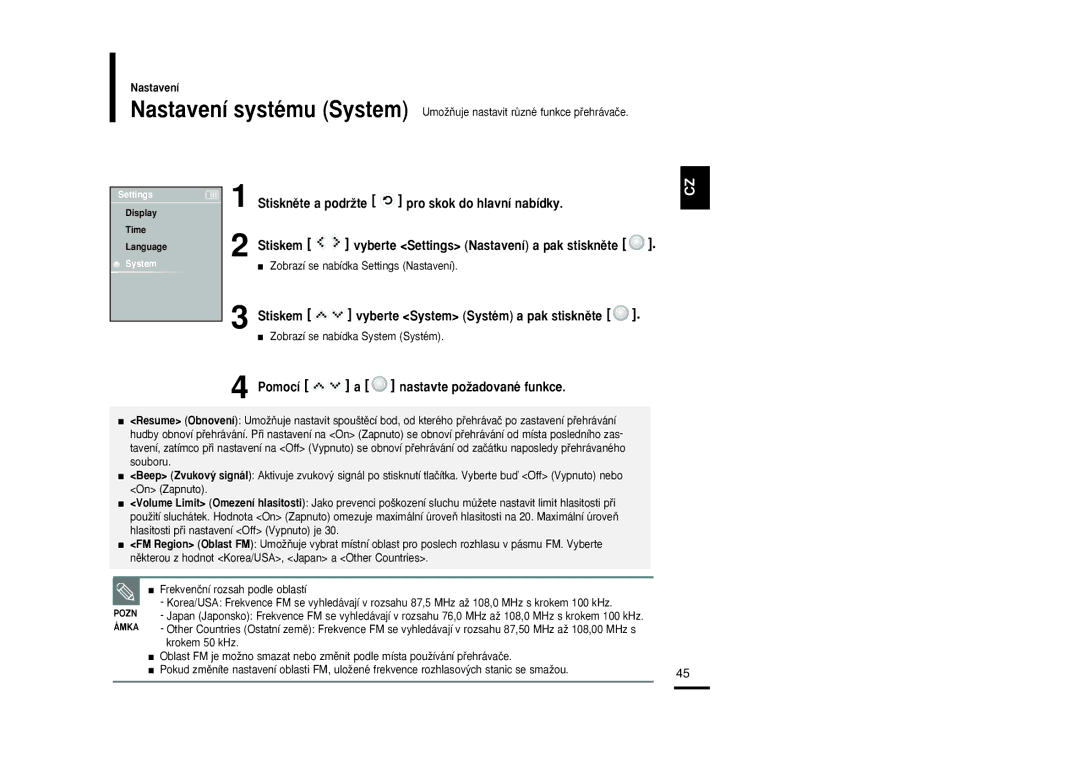 Samsung YP-K3JAB/XEH, YP-K3JZB/XEO, YP-K3JAB/XEO, YP-K3JQB/XEO manual Vyberte System Systém a pak stisknûte, Krokem 50 kHz 