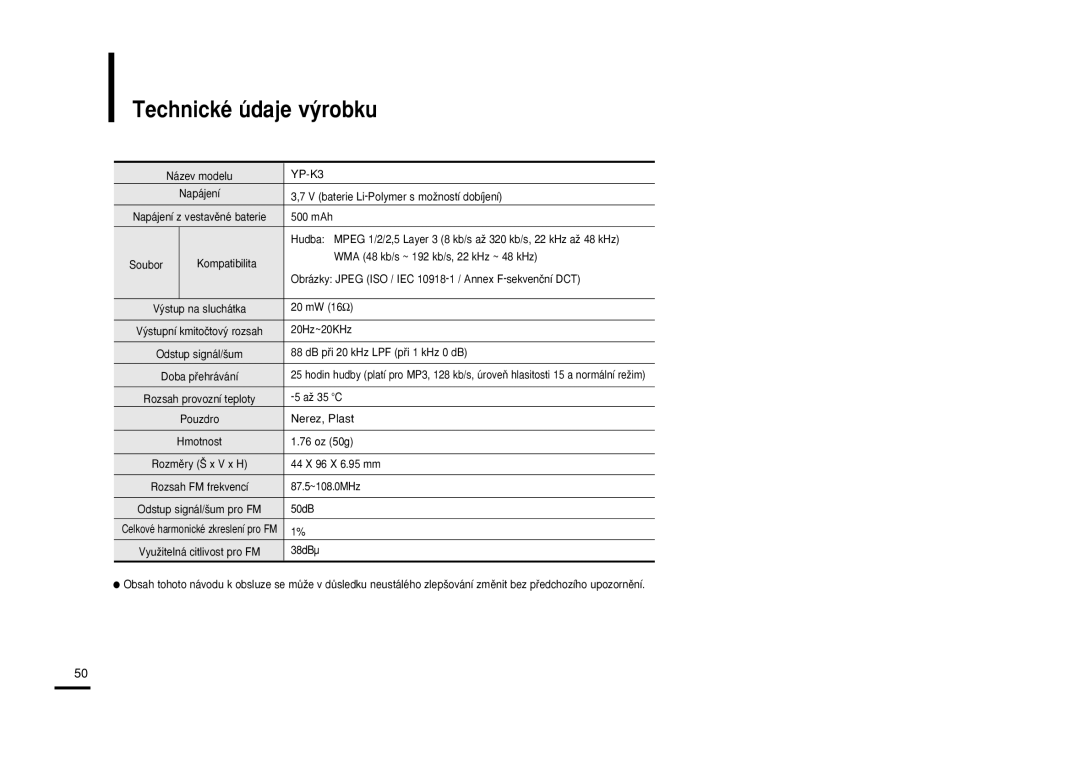 Samsung YP-K3JAB/XEO, YP-K3JZB/XEO, YP-K3JQB/XEO, YP-K3JAB/XEH, YP-K3JQG/XEO, YP-K3JQR/XEO manual Technické údaje v˘robku 