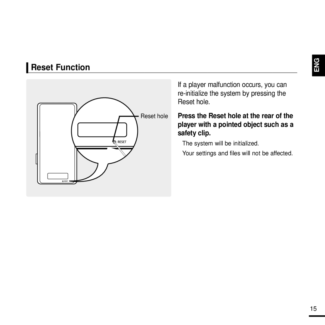 Samsung YP-K3AB/AAW, YP-K3QB/MEA, YP-K3AR/MEA, YP-K3ZB/MEA, YP-K3AG/HAC, YP-K3AB/MEA, YP-K3AR/HAC, YP-K3AG/MEA Reset Function 