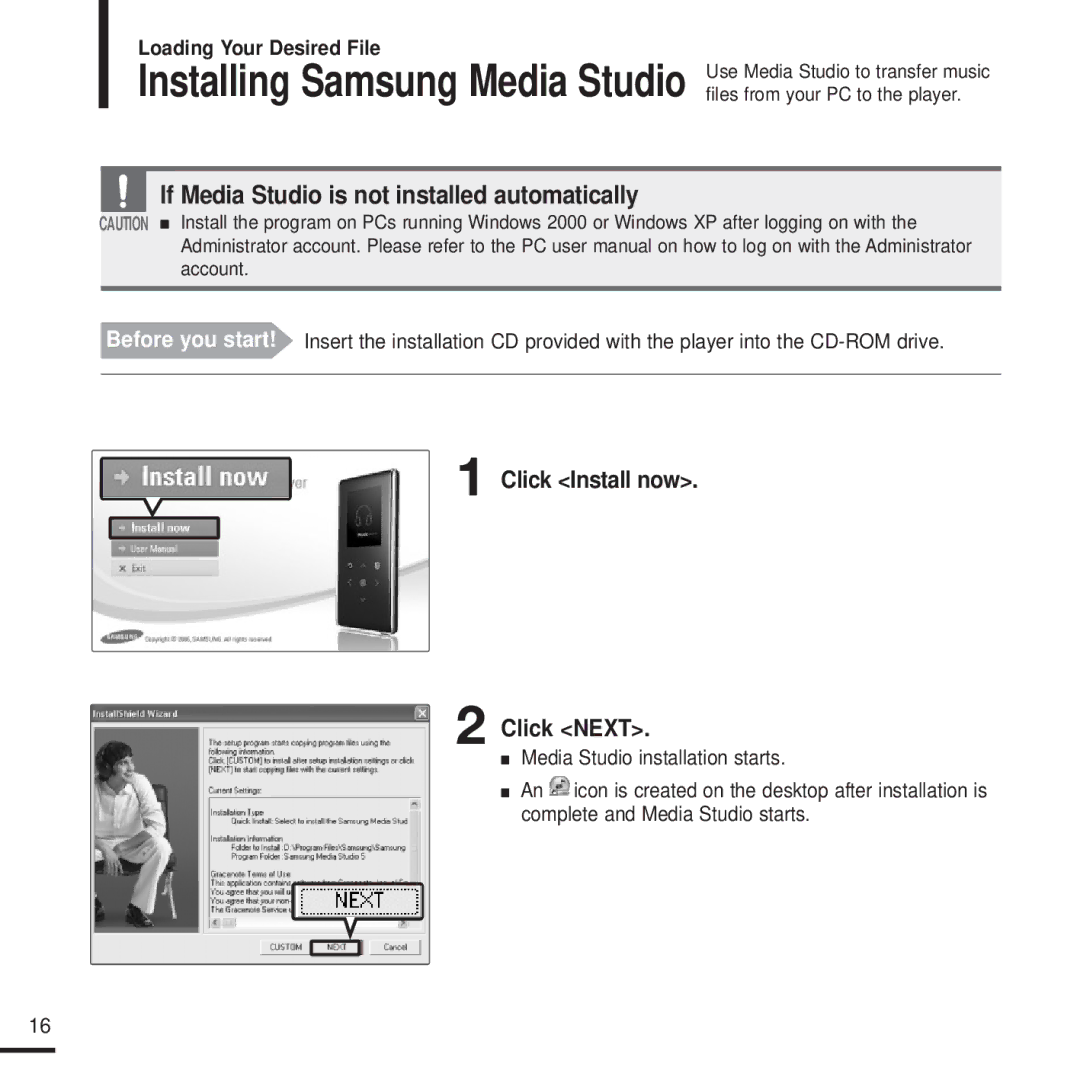 Samsung YP-K3AB/MEA, YP-K3QB/MEA, YP-K3AR/MEA, YP-K3ZB/MEA Installing Samsung Media Studio, Click Install now Click Next 