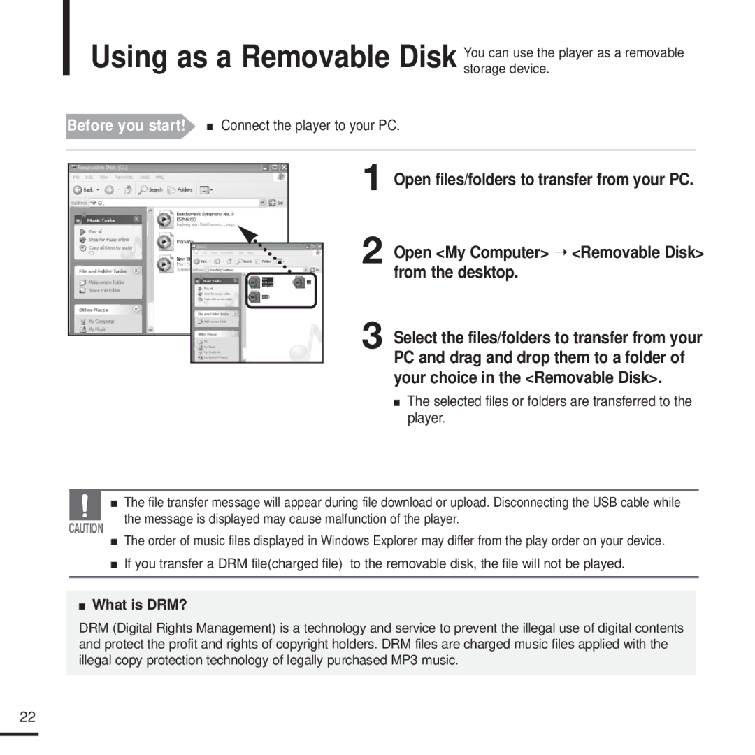 Samsung YP-K3QB/MEA, YP-K3AR/MEA, YP-K3ZB/MEA, YP-K3AG/HAC Before you start! Connect the player to your PC, What is DRM? 