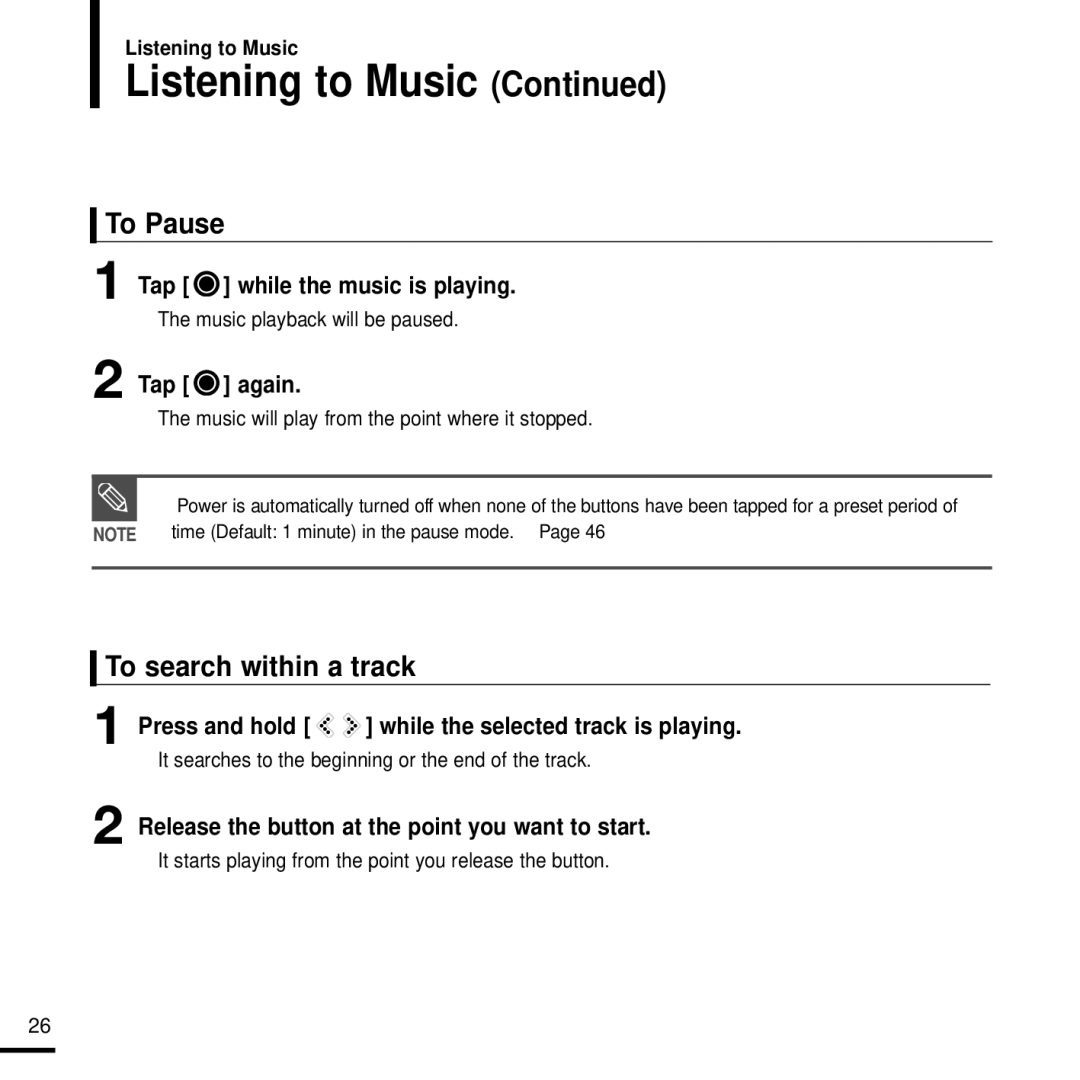 Samsung YP-K3AB/AAW, YP-K3QB/MEA, YP-K3AR/MEA, YP-K3ZB/MEA, YP-K3AG/HAC, YP-K3AB/MEA manual To Pause, To search within a track 