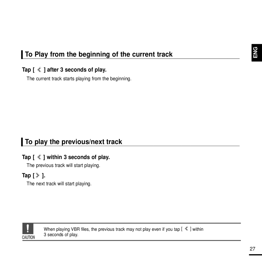 Samsung YP-K3AB/MEA, YP-K3QB/MEA manual To Play from the beginning of the current track, To play the previous/next track 