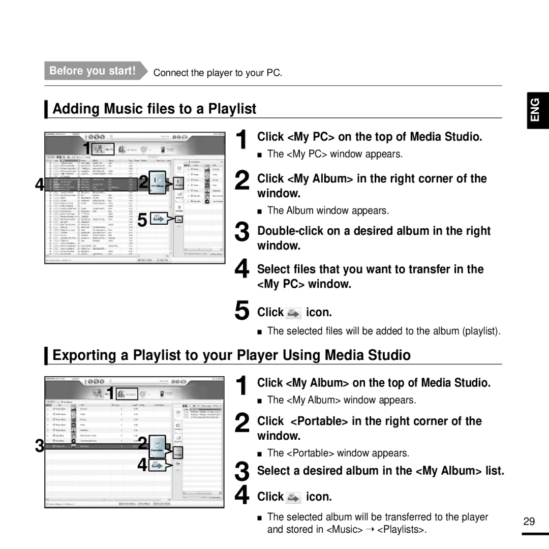 Samsung YP-K3AG/MEA, YP-K3QB/MEA Adding Music files to a Playlist, Exporting a Playlist to your Player Using Media Studio 