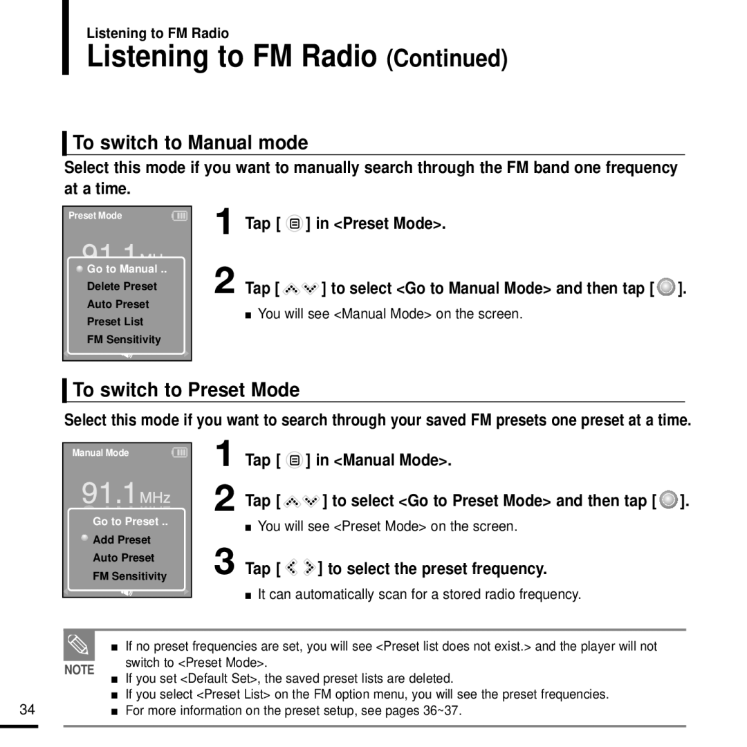 Samsung YP-K3AR/MEA, YP-K3QB/MEA, YP-K3ZB/MEA manual To switch to Manual mode, To switch to Preset Mode, Tap Manual Mode 