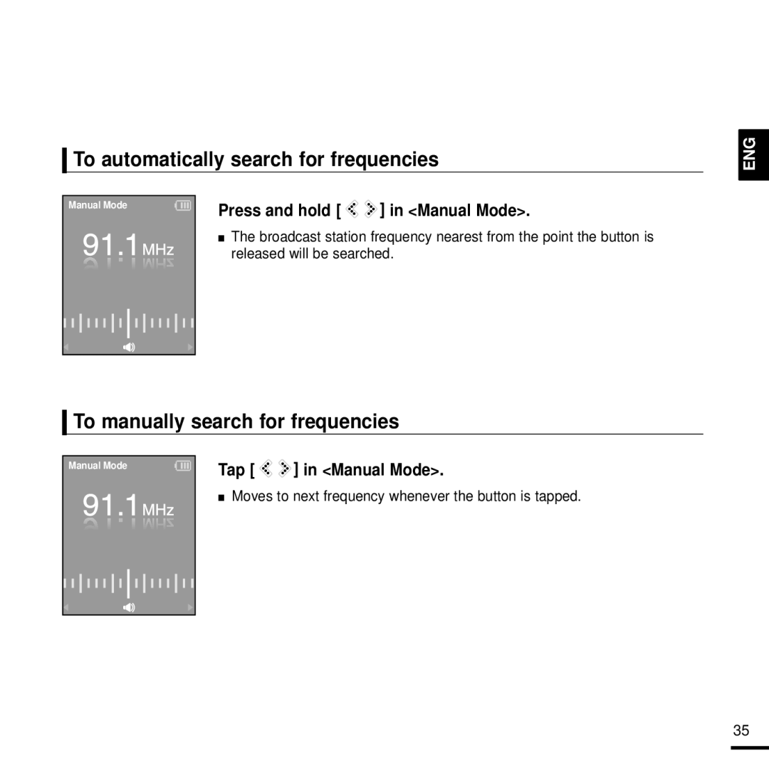 Samsung YP-K3ZB/MEA, YP-K3QB/MEA, YP-K3AR/MEA To automatically search for frequencies, To manually search for frequencies 