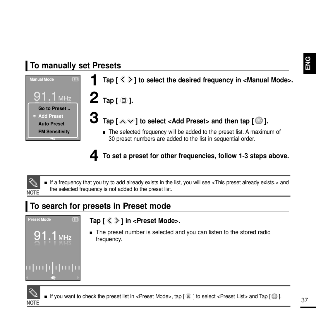 Samsung YP-K3AB/AAW, YP-K3QB/MEA, YP-K3AR/MEA, YP-K3ZB/MEA To manually set Presets, To search for presets in Preset mode 