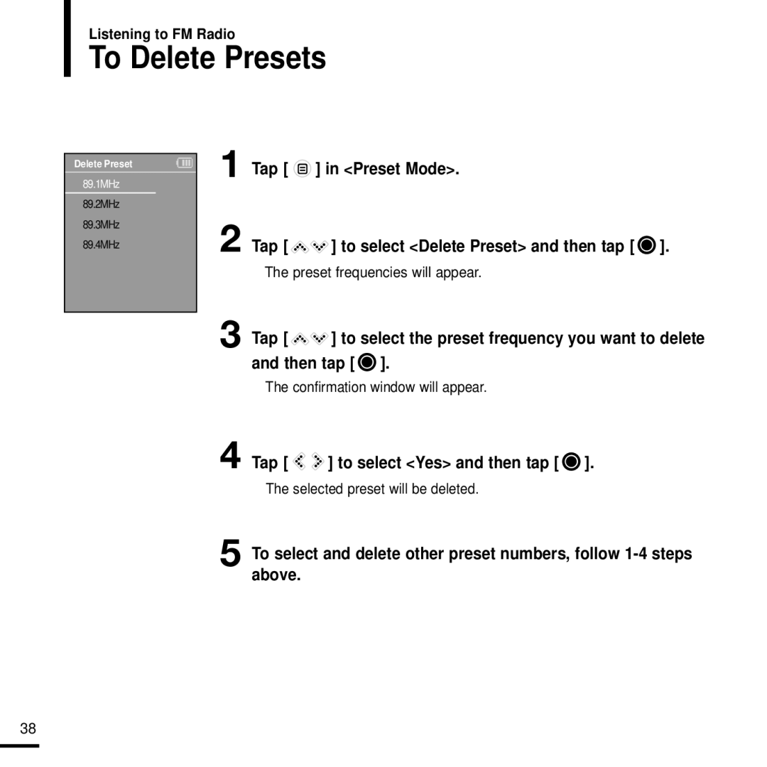 Samsung YP-K3AB/MEA, YP-K3QB/MEA, YP-K3AR/MEA manual To Delete Presets, Tap Preset Mode, To select Delete Preset and then tap 