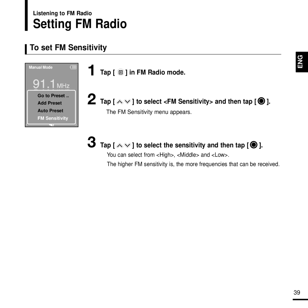 Samsung YP-K3AR/HAC, YP-K3QB/MEA manual Setting FM Radio, To set FM Sensitivity, Tap to select the sensitivity and then tap 