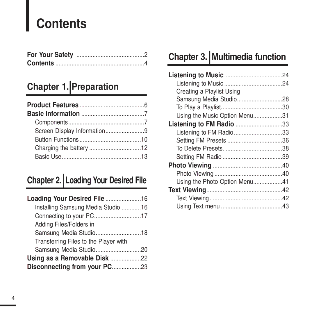 Samsung YP-K3AB/AAW, YP-K3QB/MEA, YP-K3AR/MEA, YP-K3ZB/MEA, YP-K3AG/HAC, YP-K3AB/MEA, YP-K3AR/HAC, YP-K3AG/MEA manual Contents 