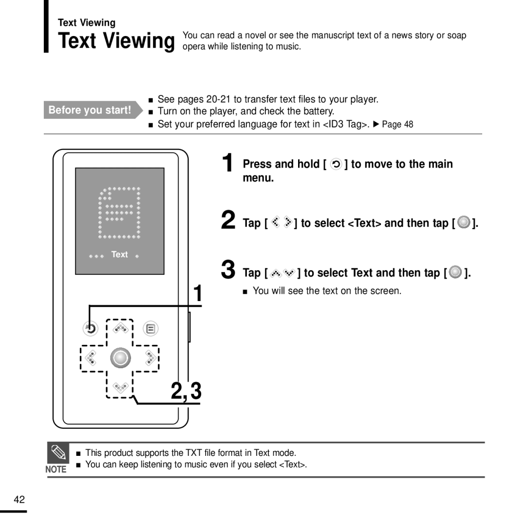 Samsung YP-K3QG/MEA, YP-K3QB/MEA, YP-K3AR/MEA, YP-K3ZB/MEA, YP-K3AG/HAC Text Viewing, You will see the text on the screen 