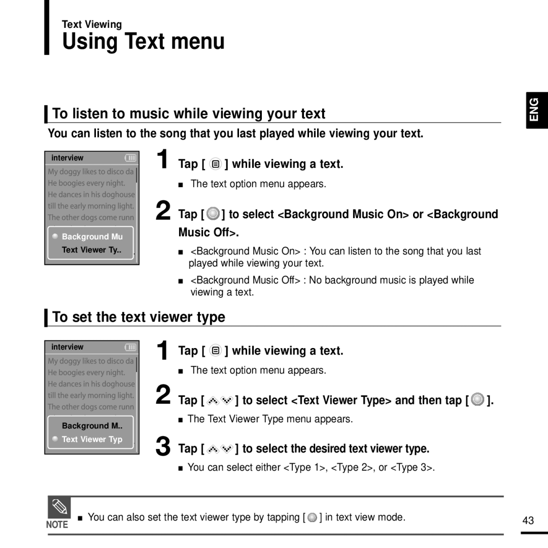 Samsung YP-K3QR/MEA, YP-K3QB/MEA Using Text menu, To listen to music while viewing your text, To set the text viewer type 