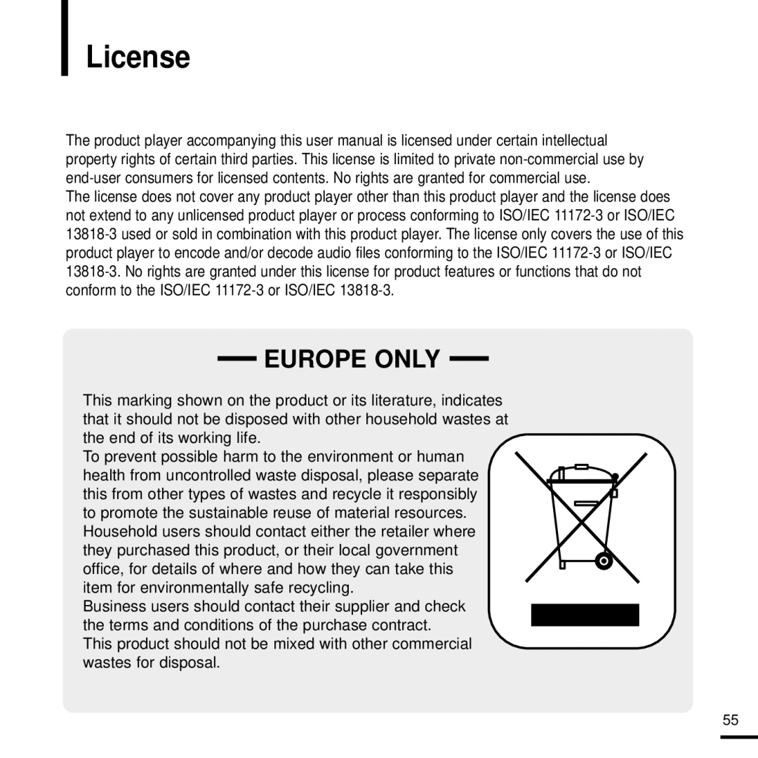 Samsung YP-K3QB/MEA, YP-K3AR/MEA, YP-K3ZB/MEA, YP-K3AG/HAC, YP-K3AB/AAW, YP-K3AB/MEA, YP-K3AR/HAC manual License, Europe only 