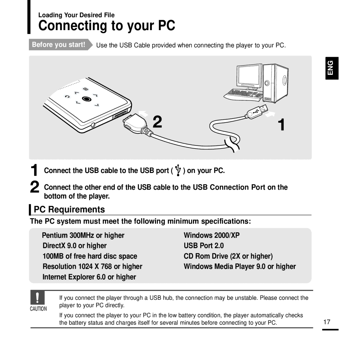 Samsung YP-K3ZG/XSV Connecting to your PC, PC Requirements, Bottom of the player, Connect the USB cable to the USB port 