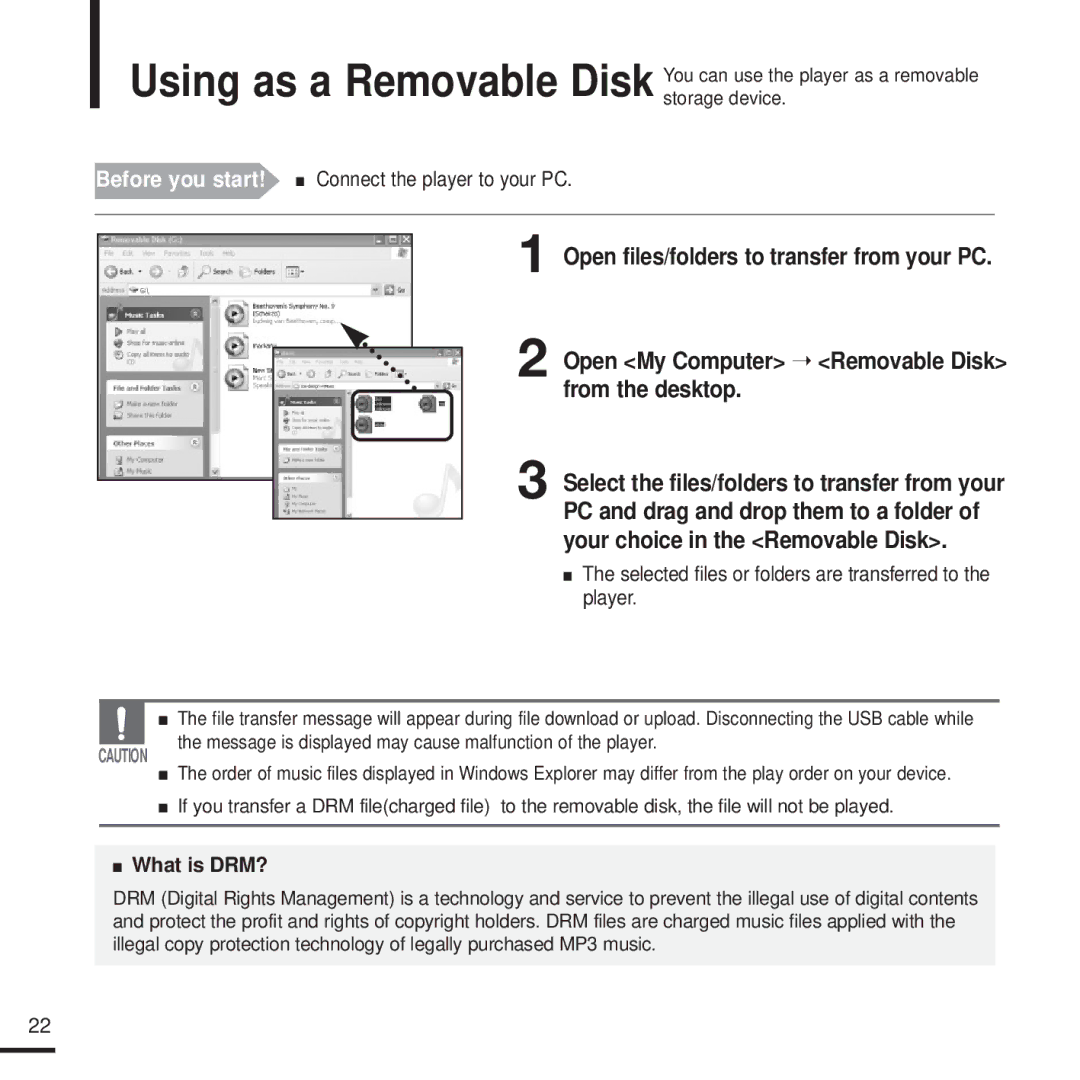 Samsung YP-K3QG/XSV, YP-K3QB/XSV, YP-K3ZG/XSV, YP-K3QR/XSV Before you start! Connect the player to your PC, What is DRM? 