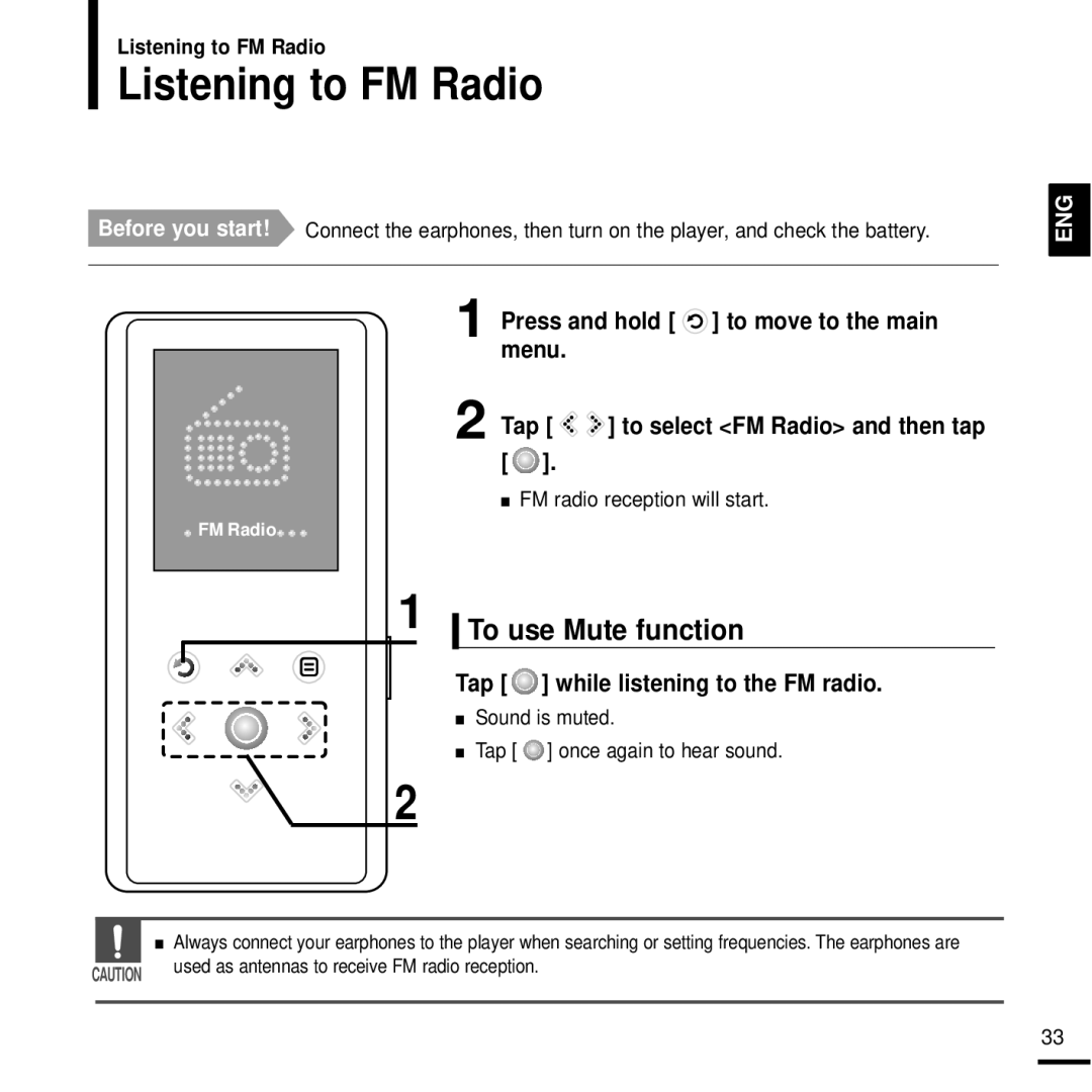 Samsung YP-K3ZG/XSV, YP-K3QB/XSV manual Listening to FM Radio, To use Mute function, Tap while listening to the FM radio 