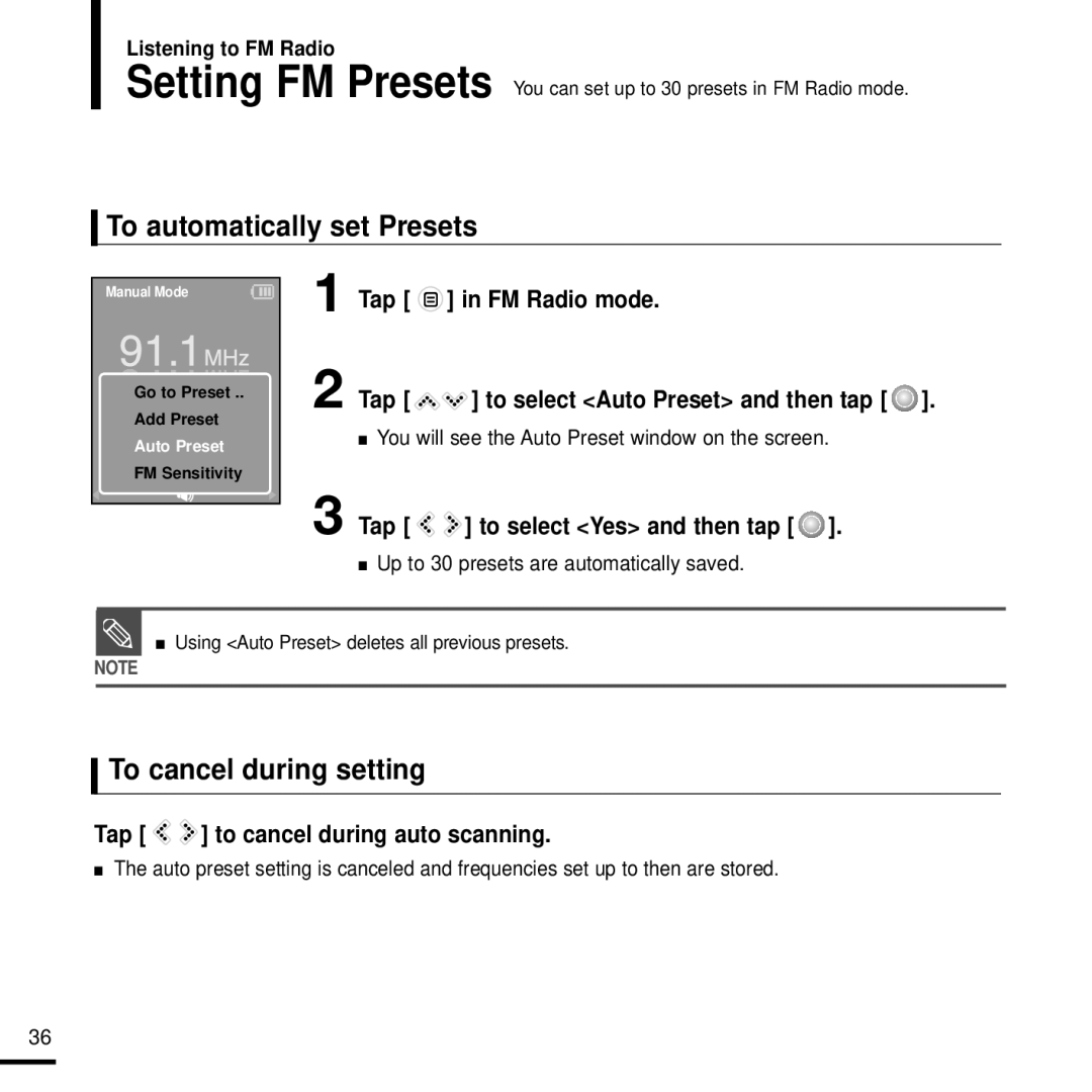 Samsung YP-K3ZR/XSV, YP-K3QB/XSV To automatically set Presets, To cancel during setting, Tap to select Yes and then tap 