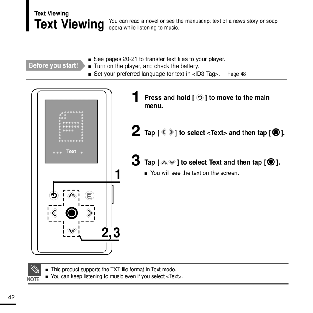 Samsung YP-K3ZR/SUN, YP-K3QB/XSV, YP-K3ZG/XSV, YP-K3QR/XSV, YP-K3AB/XSV Text Viewing, You will see the text on the screen 