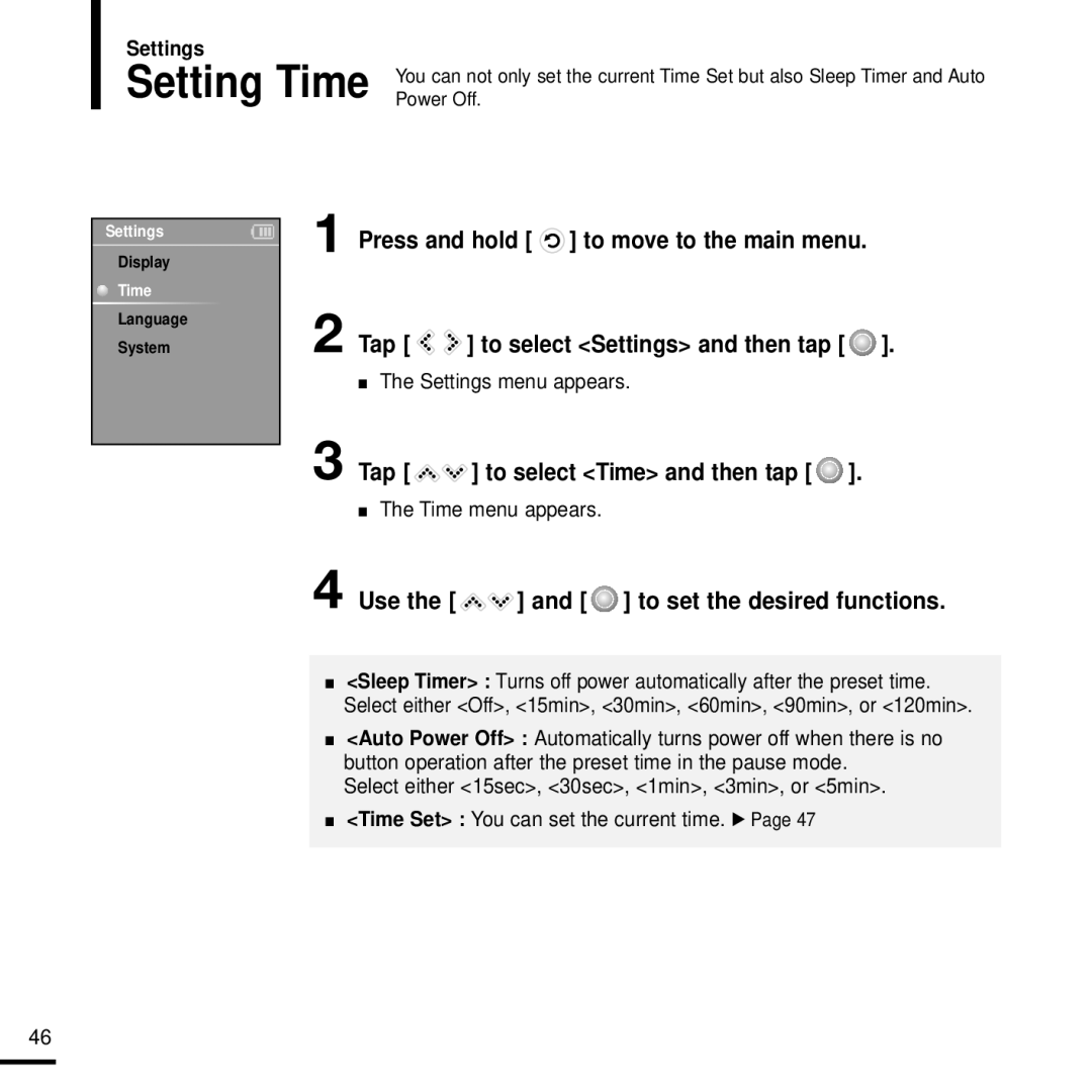 Samsung YP-K3QB/SUN manual Tap to select Time and then tap, Use the and to set the desired functions, Time menu appears 