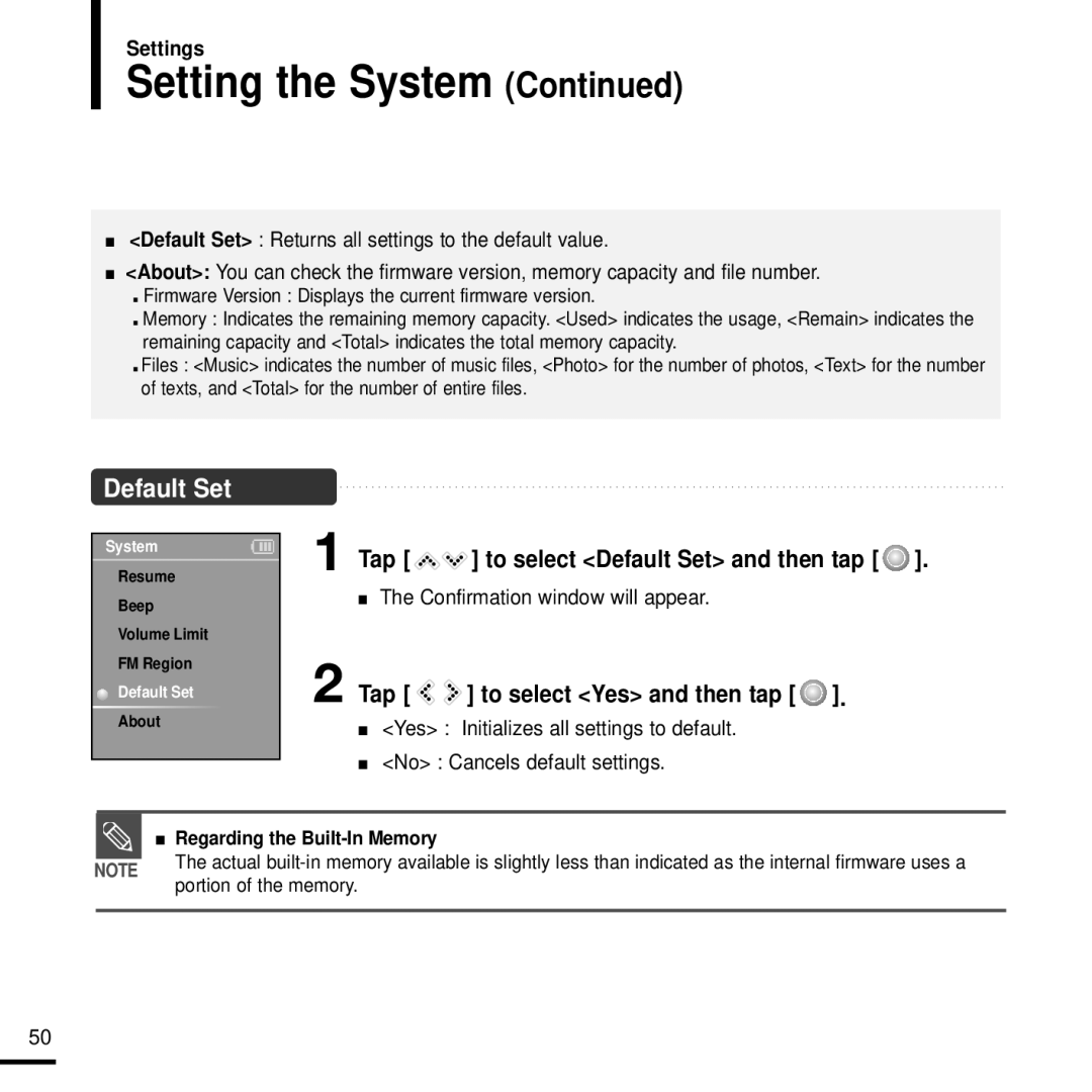 Samsung YP-K3QR/XSV, YP-K3QB/XSV, YP-K3ZG/XSV, YP-K3AB/XSV manual Setting the System, Tap to select Default Set and then tap 