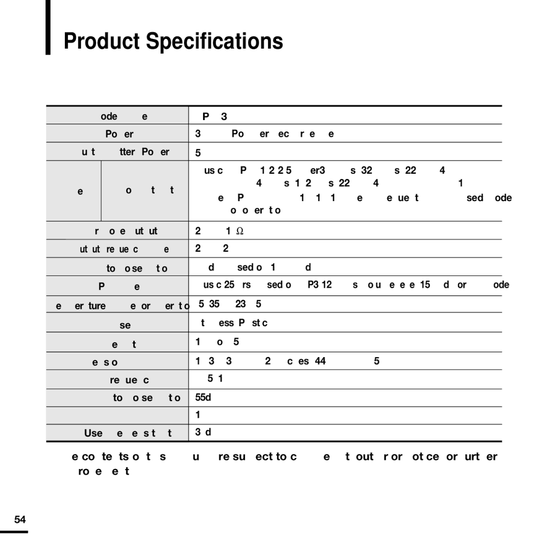 Samsung YP-K3QG/XSV, YP-K3QB/XSV, YP-K3ZG/XSV, YP-K3QR/XSV, YP-K3AB/XSV, YP-K3ZR/XSV, YP-K3ZB/XSV manual Product Specifications 