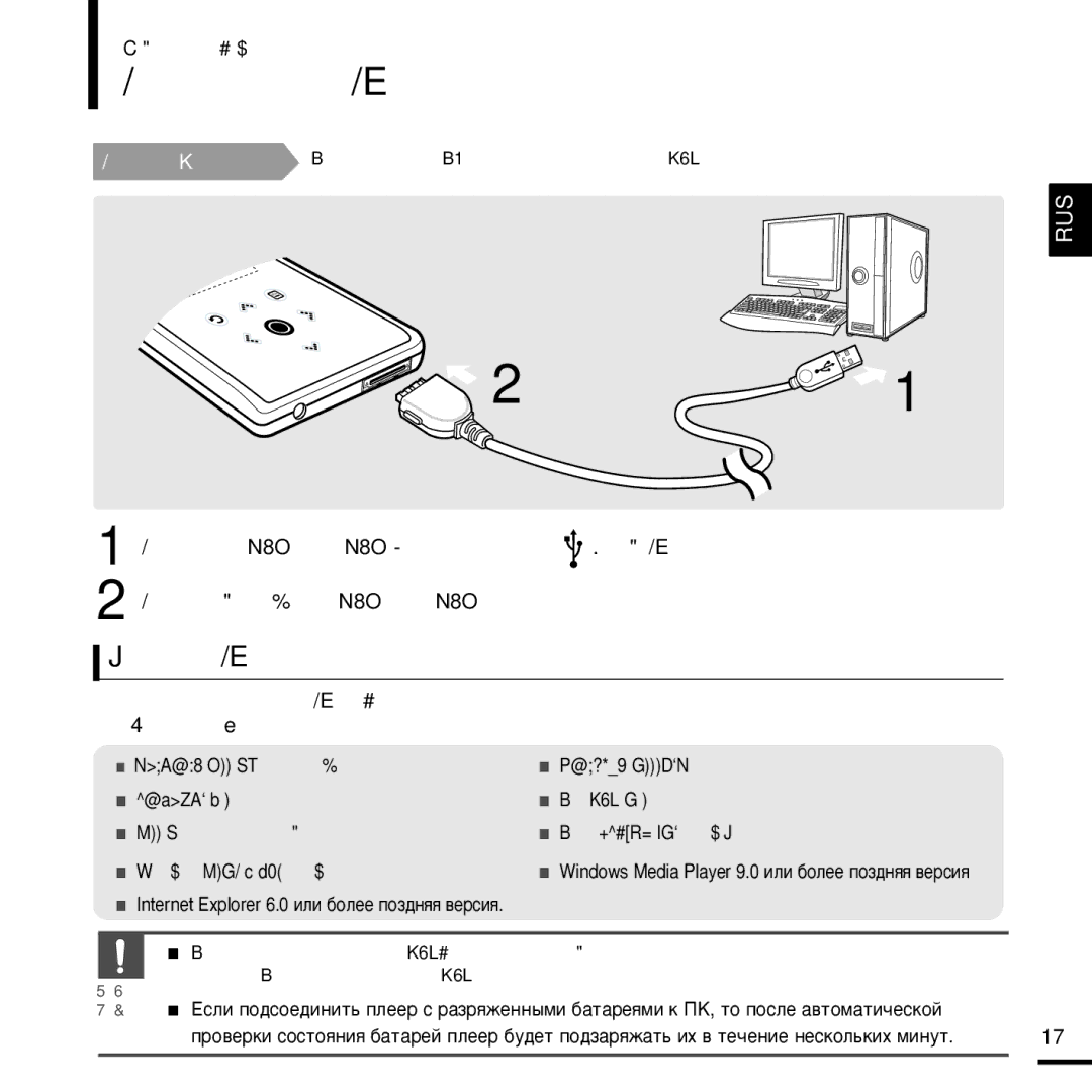 Samsung YP-K3QR/NWT, YP-K3ZB/NWT manual ŒÓ‰ÍÎ˛˜ÂÌËÂ ÔÎÂÂ‡ Í œK, Â·Ó‚‡ÌËˇ Í œK, ŒÓ‰ÍÎ˛˜ËÚÂ Í‡·ÂÎ¸ USB Í ÔÓÚÛ USB ‚‡¯Â„Ó œK 