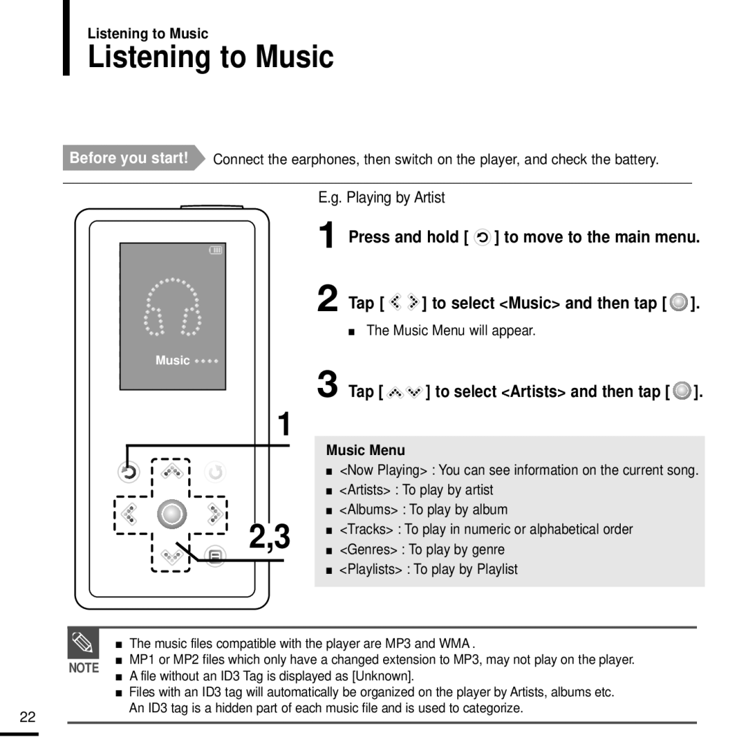 Samsung YP-K5JAB manual Listening to Music, Tap to select Artists and then tap 