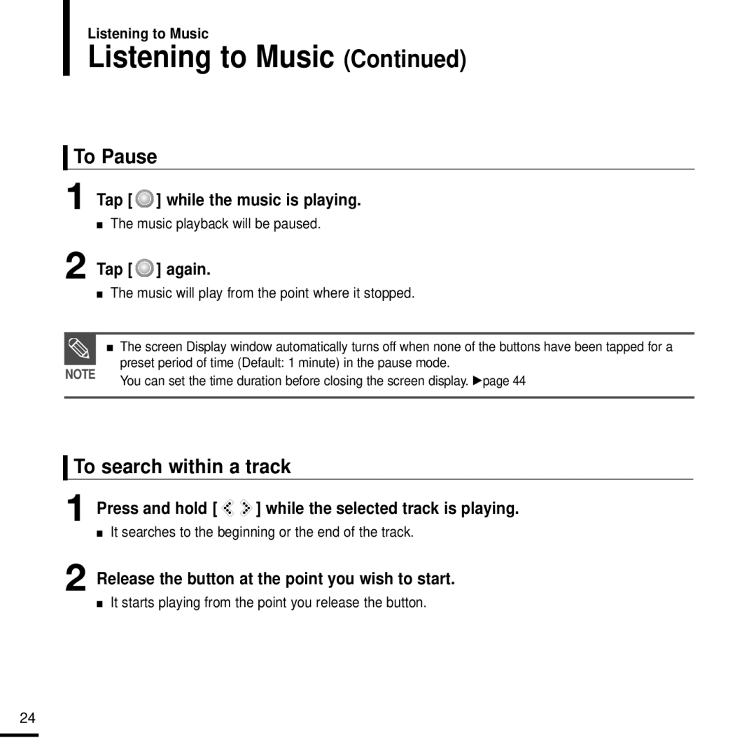 Samsung YP-K5JAB manual To Pause, To search within a track 