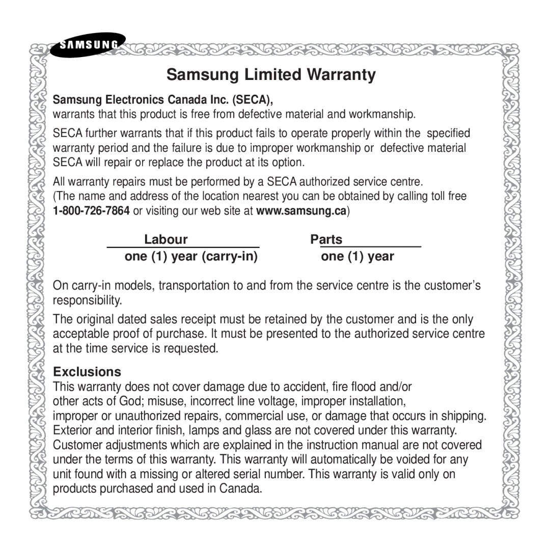 Samsung YP-K5JAB manual Samsung Electronics Canada Inc. Seca, One 1 year carry-in 