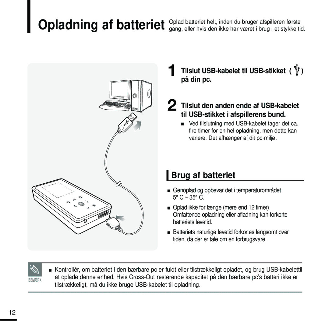 Samsung YP-K5JAB/XEE, YP-K5JZB/XEE, YP-K5JQB/XEE Brug af batteriet, Genoplad og opbevar det i temperaturområdet 5 C ~ 35 C 