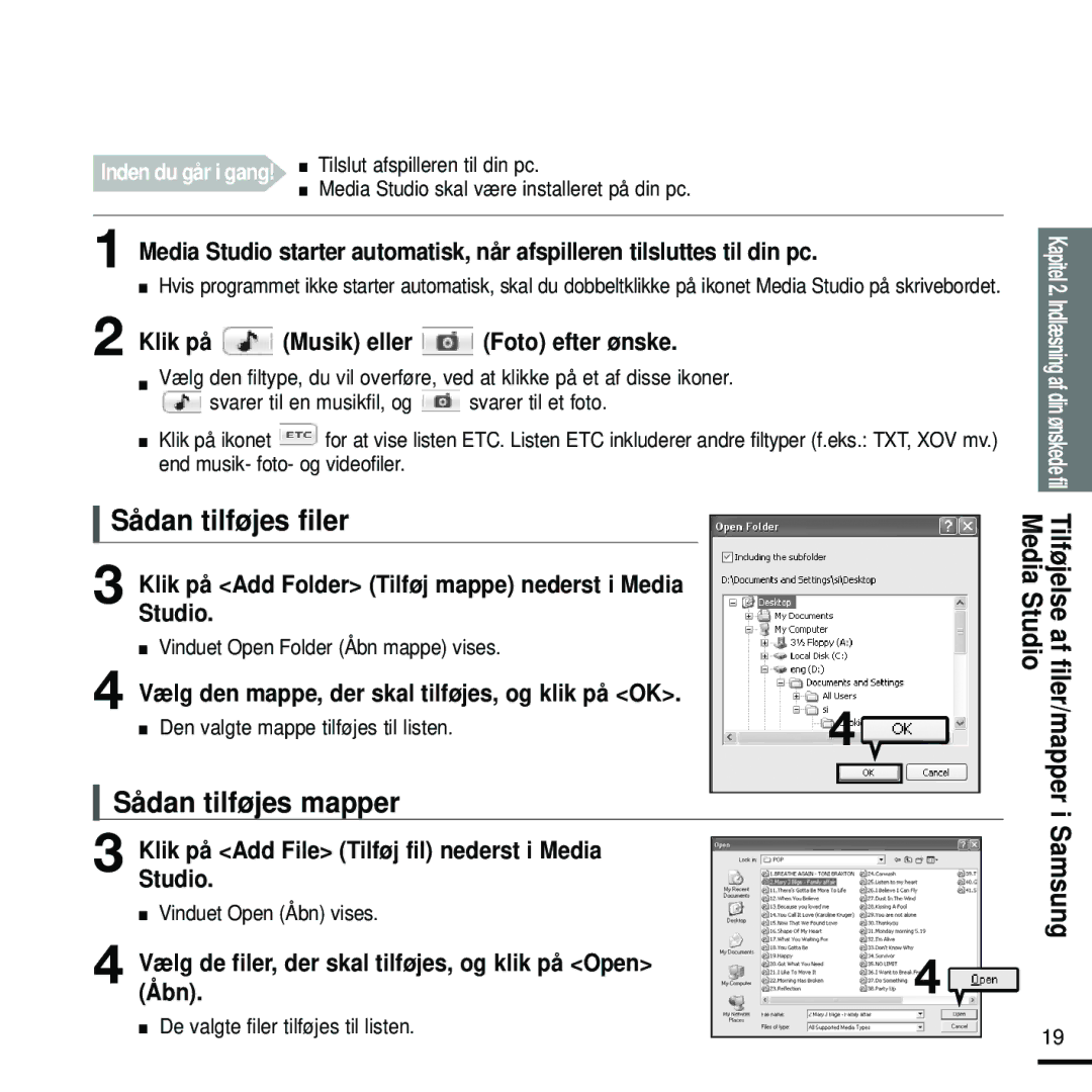 Samsung YP-K5JZB/XEE, YP-K5JAB/XEE, YP-K5JQB/XEE manual Sådan tilføjes filer, Sådan tilføjes mapper 