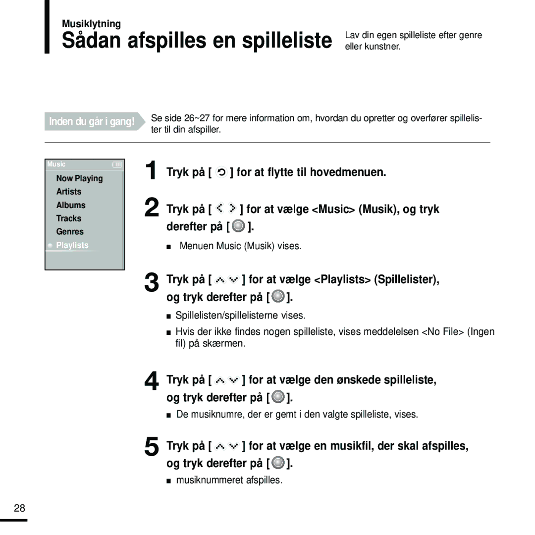 Samsung YP-K5JZB/XEE, YP-K5JAB/XEE De musiknumre, der er gemt i den valgte spilleliste, vises, Musiknummeret afspilles 