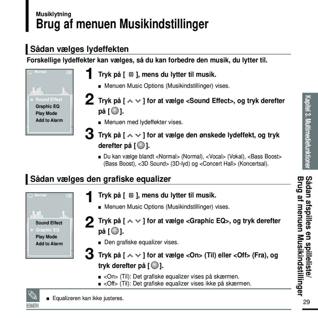 Samsung YP-K5JQB/XEE Brug af menuen Musikindstillinger, Sådan vælges lydeffekten, Sådan vælges den grafiske equalizer 