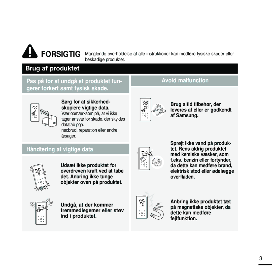 Samsung YP-K5JAB/XEE, YP-K5JZB/XEE manual Avoid malfunction, Gerer forkert samt fysisk skade, Håndtering af vigtige data 