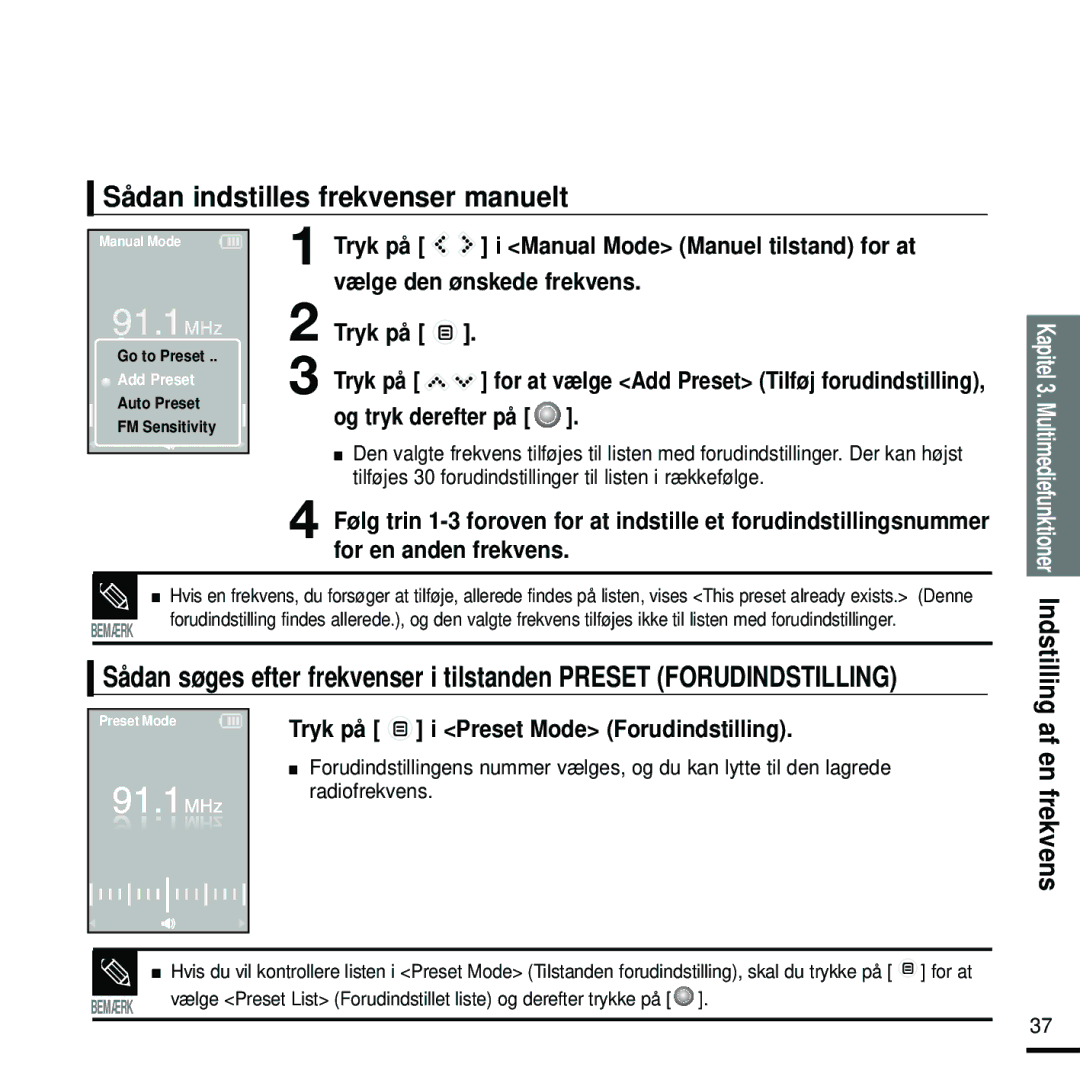 Samsung YP-K5JZB/XEE, YP-K5JAB/XEE, YP-K5JQB/XEE manual Sådan indstilles frekvenser manuelt, Af en frekvens 