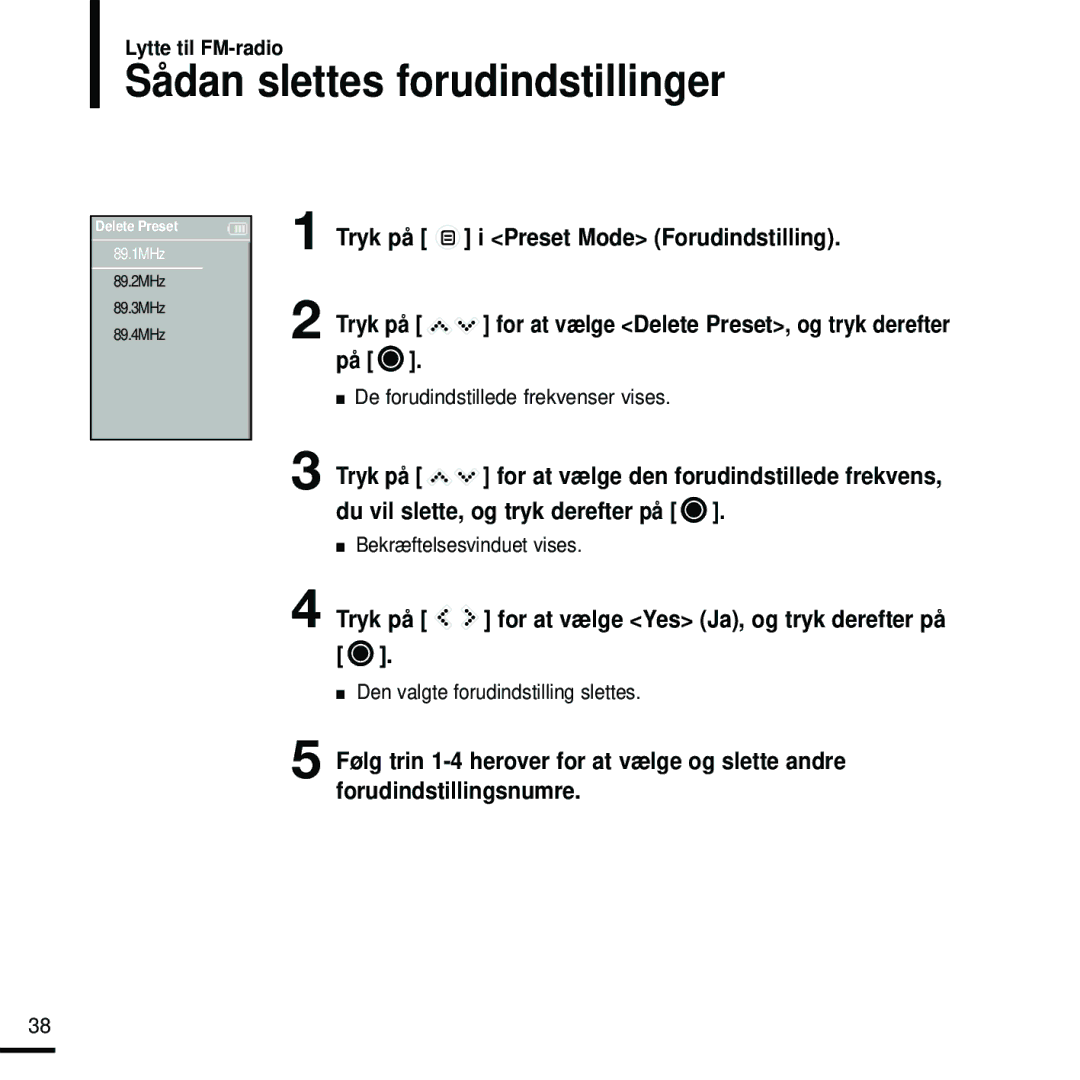 Samsung YP-K5JQB/XEE, YP-K5JAB/XEE, YP-K5JZB/XEE Sådan slettes forudindstillinger, Preset Mode Forudindstilling, Tryk på 