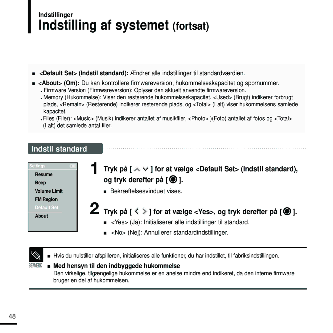 Samsung YP-K5JAB/XEE Indstilling af systemet fortsat, Indstil standard, Bemærk Med hensyn til den indbyggede hukommelse 