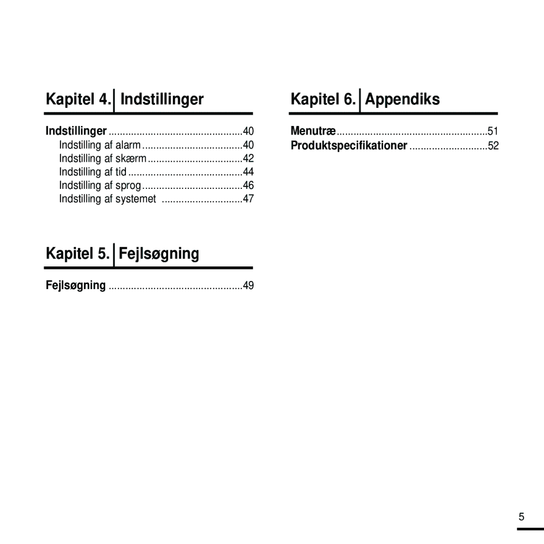 Samsung YP-K5JQB/XEE, YP-K5JAB/XEE, YP-K5JZB/XEE manual Kapitel 4. Indstillinger, Produktspecifikationer 