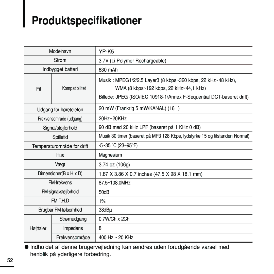 Samsung YP-K5JZB/XEE, YP-K5JAB/XEE, YP-K5JQB/XEE manual Produktspecifikationer 