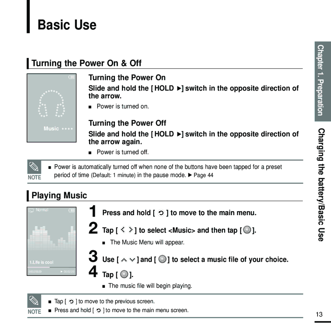 Samsung YP-K5JZB/XEE, YP-K5JAB/XEE, YP-K5JQB/XEE manual Basic Use, Turning the Power On & Off, Playing Music 