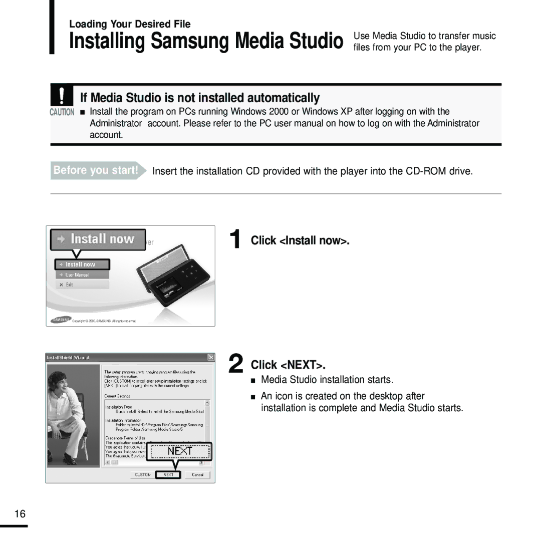 Samsung YP-K5JZB/XEE, YP-K5JAB/XEE, YP-K5JQB/XEE manual Click Install now Click Next, Media Studio installation starts 