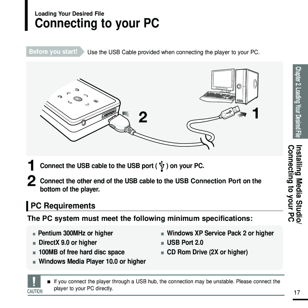 Samsung YP-K5JQB/XEE Connecting to your PC, PC Requirements, Bottom of the player, Windows Media Player 10.0 or higher 