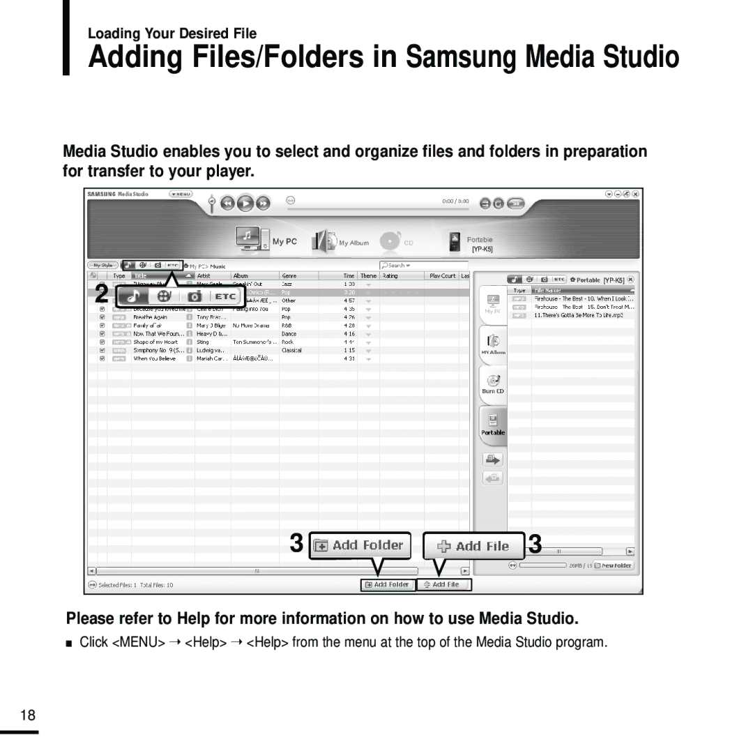 Samsung YP-K5JAB/XEE, YP-K5JZB/XEE, YP-K5JQB/XEE manual Adding Files/Folders in Samsung Media Studio 