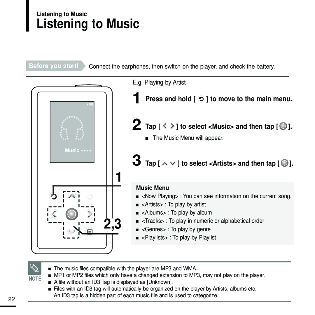 Samsung YP-K5JZB/XEE, YP-K5JAB/XEE, YP-K5JQB/XEE manual Listening to Music, Tap to select Artists and then tap 